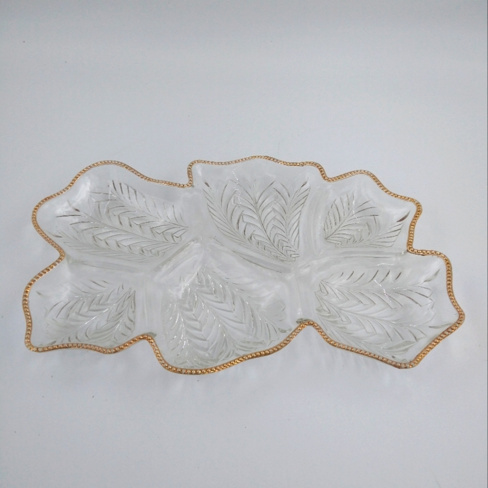 6 Compartment Glass Servings Dish with Featherleaf Pattern and Gilded Beaded Rim